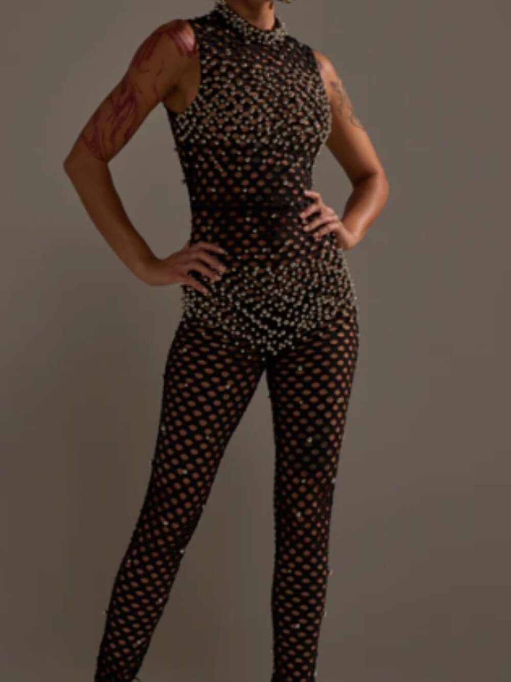 AKIRA COULD NEVER BE ME BEADED MESH JUMPSUIT Size XL